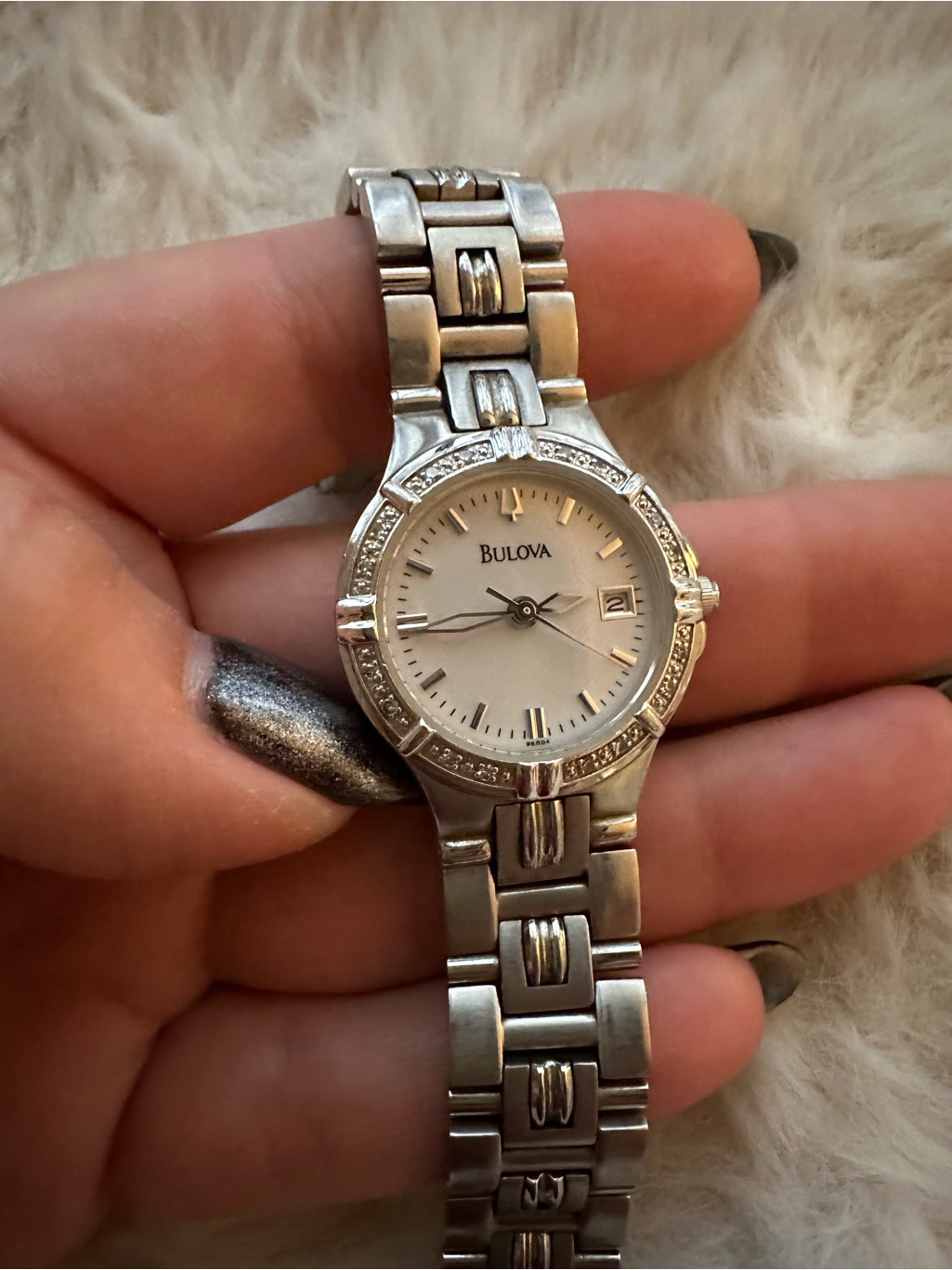 Bulova Silver Bracelet Watch With White Dial And Crystal Accents